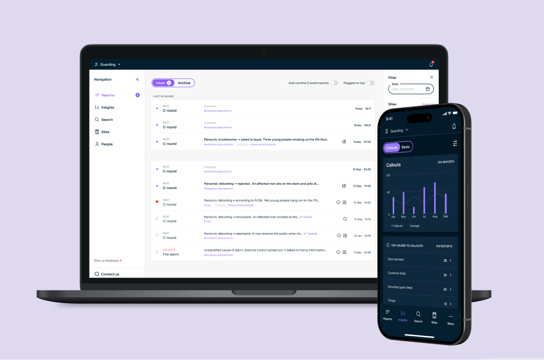 Preview of MySecuritas on a Macbook and an iPhone, against a light purple background